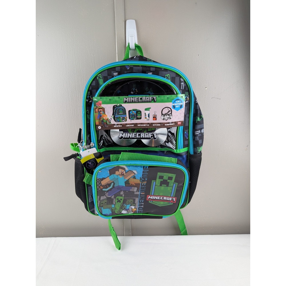 Minecraft 5 Piece Backpack Set with Lunch Kit Water Bottle Headphones Keychain